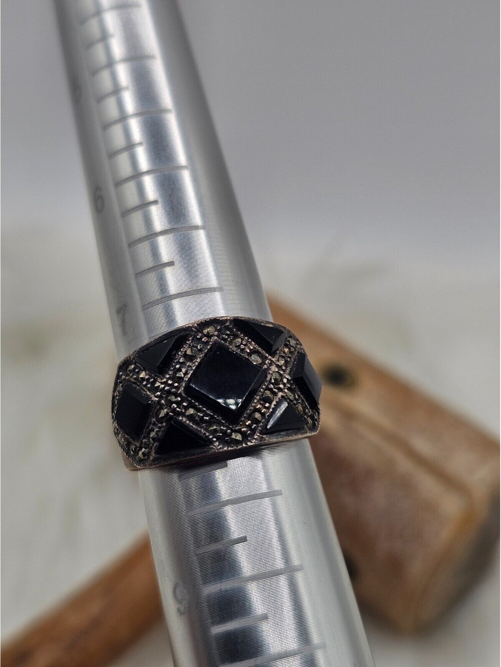 925 Silver Black Onyx Marcasite Art Deco Geometric Ring Sz 8